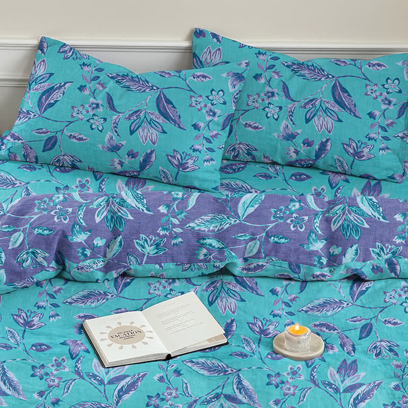 Bettwäsche-Set aus Baumwolle mit blauem und violettem Blattmuster - image 8