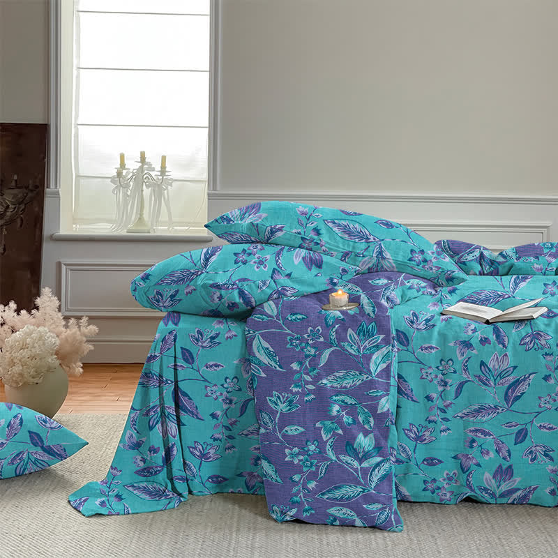 Bettwäsche-Set aus Baumwolle mit blauem und violettem Blattmuster - image 6