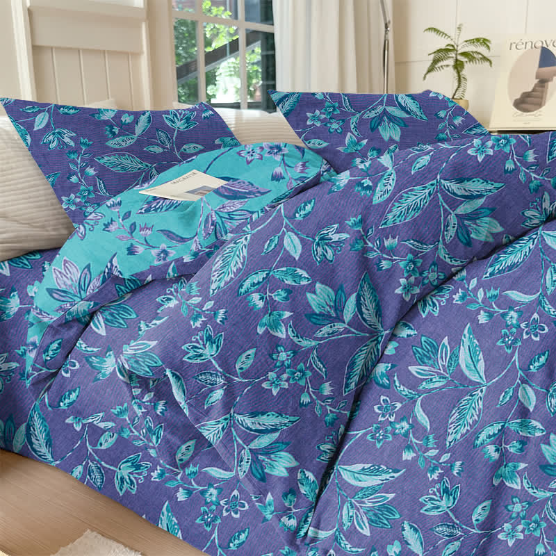 Bettwäsche-Set aus Baumwolle mit blauem und violettem Blattmuster - Lila - Bettwäsche-Set (4-teilig) - König - image 9