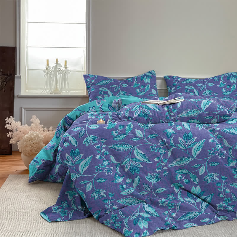 Bettwäsche-Set aus Baumwolle mit blauem und violettem Blattmuster - image 14
