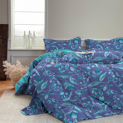 Bettwäsche-Set aus Baumwolle mit blauem und violettem Blattmuster - image 14