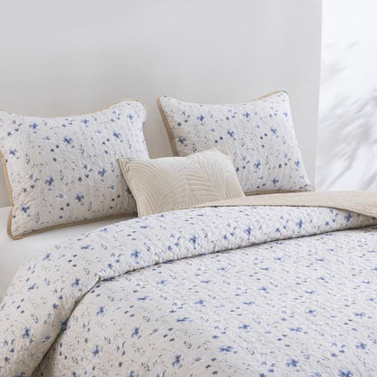 Baumwoll-Steppdecken-Set mit blauem Aquarellblumenmuster - image 0