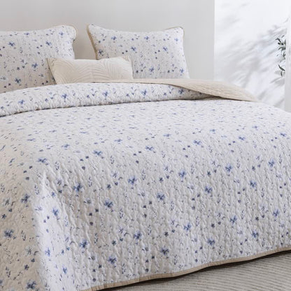 Baumwoll-Steppdecken-Set mit blauem Aquarellblumenmuster - image 2
