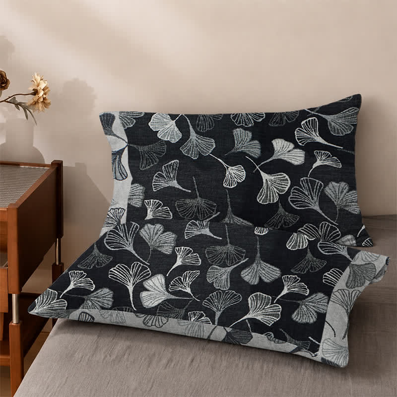 Vintage Wendebettwäsche-Set aus Baumwolle mit schwarzem Ginkgoblatt - Schwarz - 2 Kissenbezüge - 40" x 50cm x 50cm - image 4