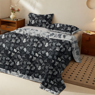 Vintage Wendebettwäsche-Set aus Baumwolle mit schwarzem Ginkgoblatt - Schwarz - Tagesdecke mit 2 Kissenbezügen - König - image 0