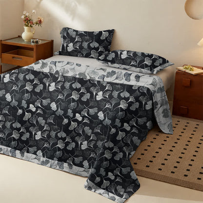 Vintage Wendebettwäsche-Set aus Baumwolle mit schwarzem Ginkgoblatt - Schwarz - Tagesdecke mit 2 Kissenbezügen - König - image 0