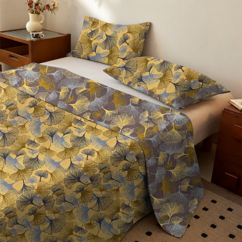 Bettwäsche-Set aus Baumwolle mit goldenem Ginkgoblatt - Gelb - Tagesdecke mit 2 Kissenbezügen - König - image 0