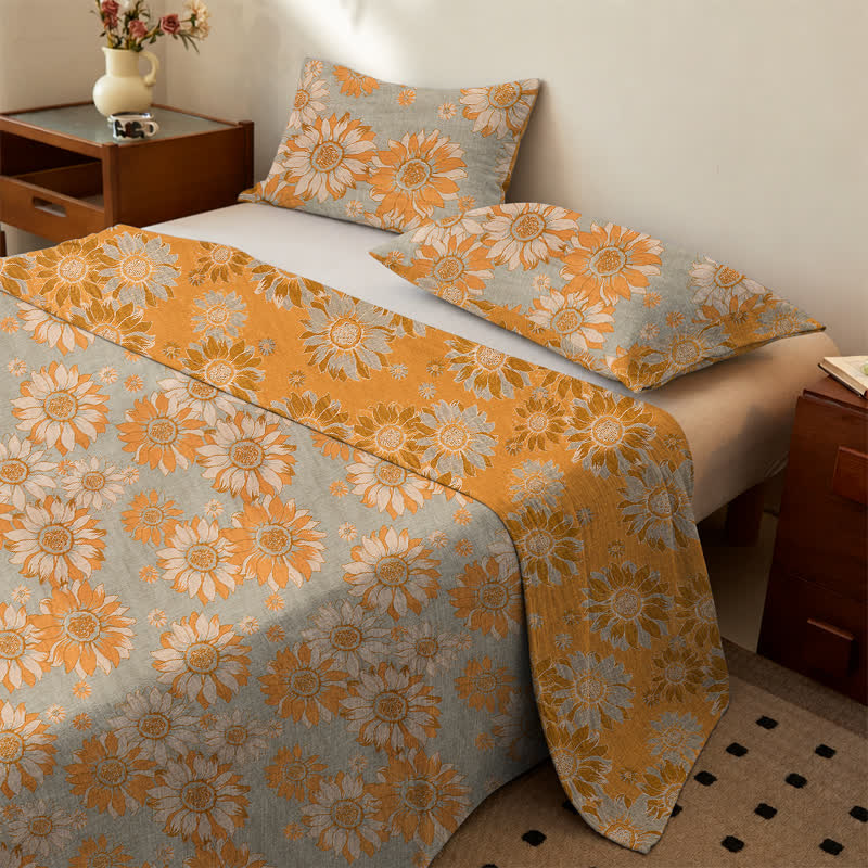 Tagesdecke aus Baumwollgaze mit Sonnenblumenmuster - Grau - Tagesdecke mit 2 Kissenbezügen - König - image 5