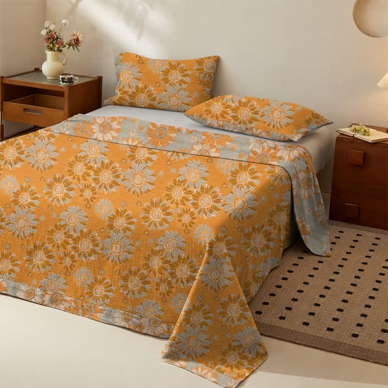 Tagesdecke aus Baumwollgaze mit Sonnenblumenmuster - Orange - Tagesdecke mit 2 Kissenbezügen - König - image 0