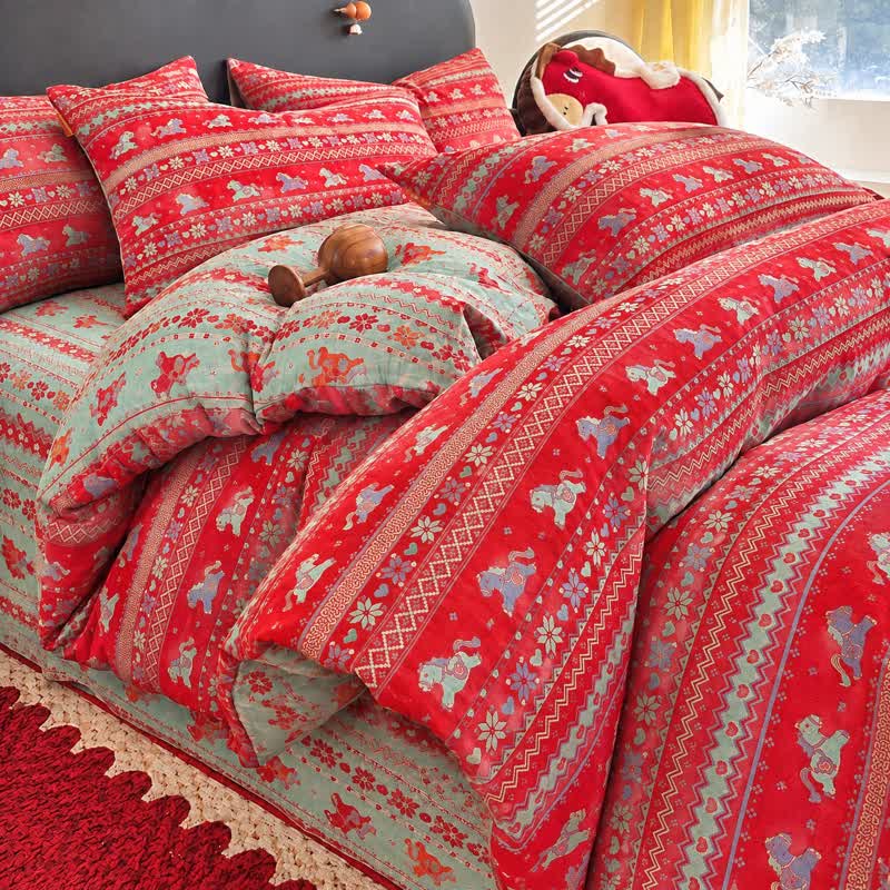 Bettwäsche-Set aus Baumwolle mit Pferdemotiv - Rot & Grün - Bettwäscheset (4-teilig) - König - image 0