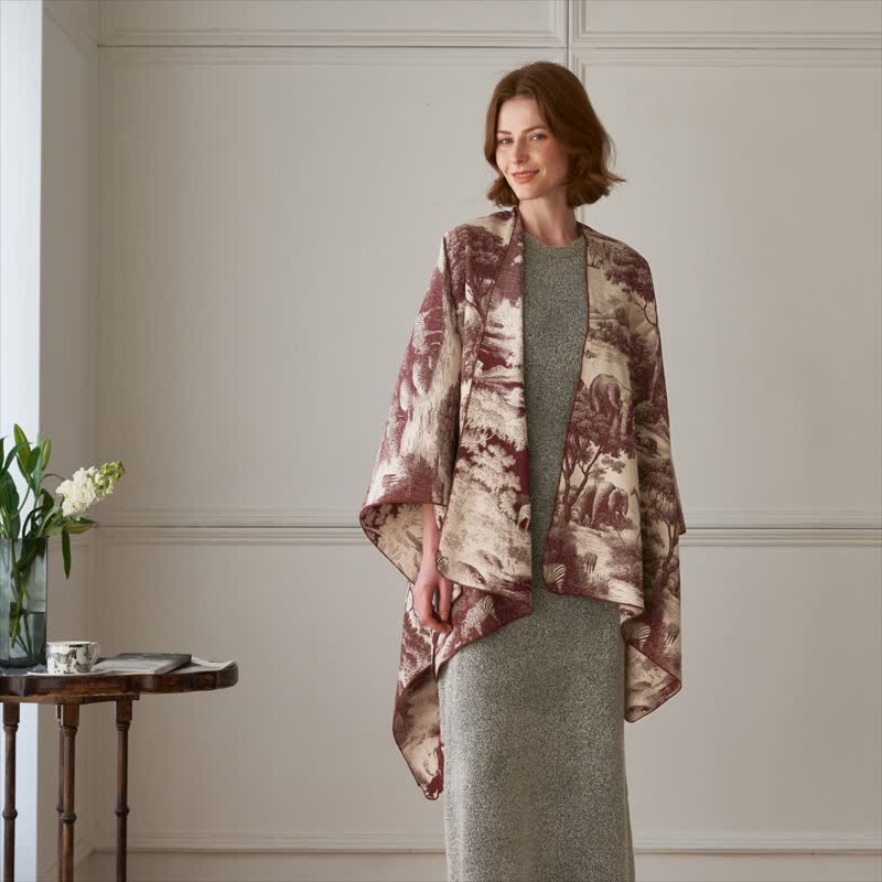 Vintage Dschungel-Toile Poncho-Schal - Rotwein - 130cm x 160cm - image 8