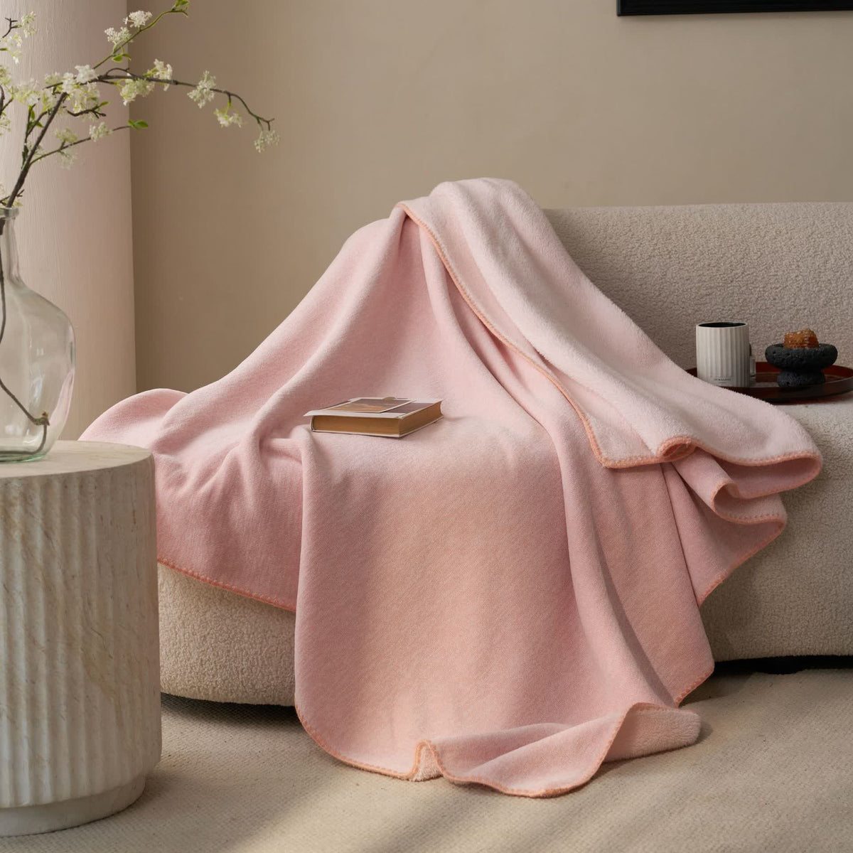 Minimalistische, doppelseitige Sherpa-Fleece-Überwurfdecke - Rosa - 200cm x 230cm - image 14