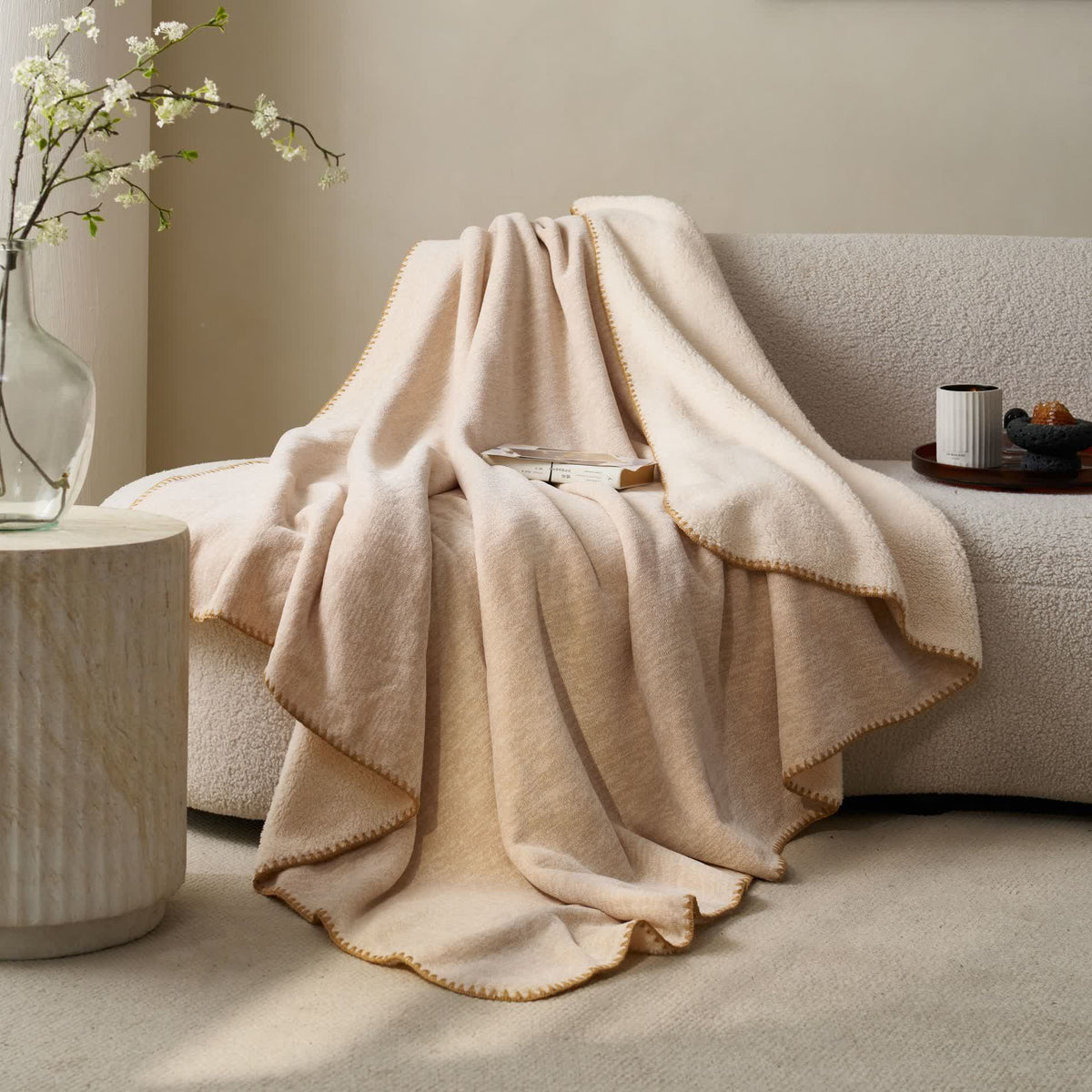 Minimalistische, doppelseitige Sherpa-Fleece-Überwurfdecke - Beige - 200cm x 230cm - image 11