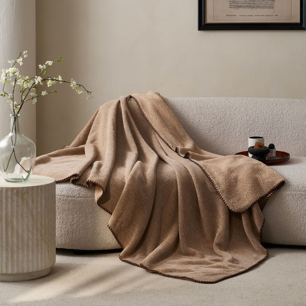 Minimalistische, doppelseitige Sherpa-Fleece-Überwurfdecke - Braun - 200cm x 230cm - image 0
