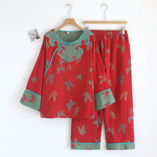 Vintage-Pyjama-Set aus Baumwolle mit Schmetterlingsmotiv und Froschknöpfen - Rot - XL - image 0