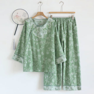 Elegantes Pyjama-Set aus Baumwollgaze mit Froschknöpfen - Grün - XL - image 0