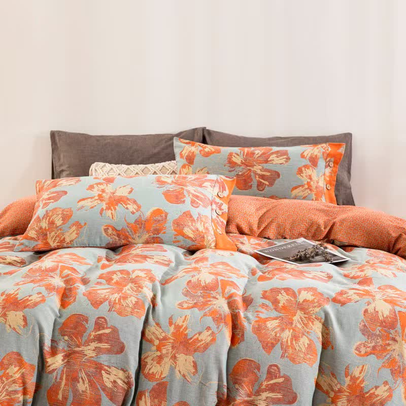 Bettwäsche-Set aus Baumwolle mit künstlerischem Blumenmuster - Blau & Orange - Bettwäsche-Set (4-teilig) - Cal King - image 0