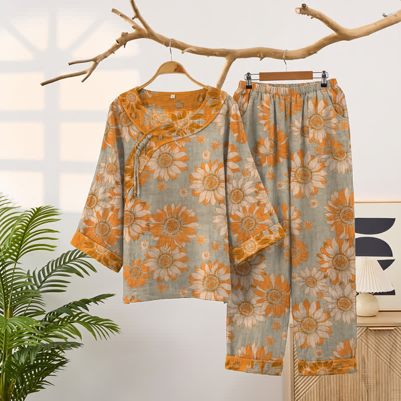 Orientalisches Sonnenblumen-Baumwollpyjama-Set - Hellgrau - XXL - image 6
