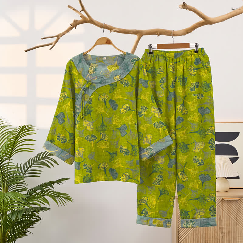 Orientalischer Ginkgoblatt-Baumwollpyjama-Set - Grün - XXL - image 0