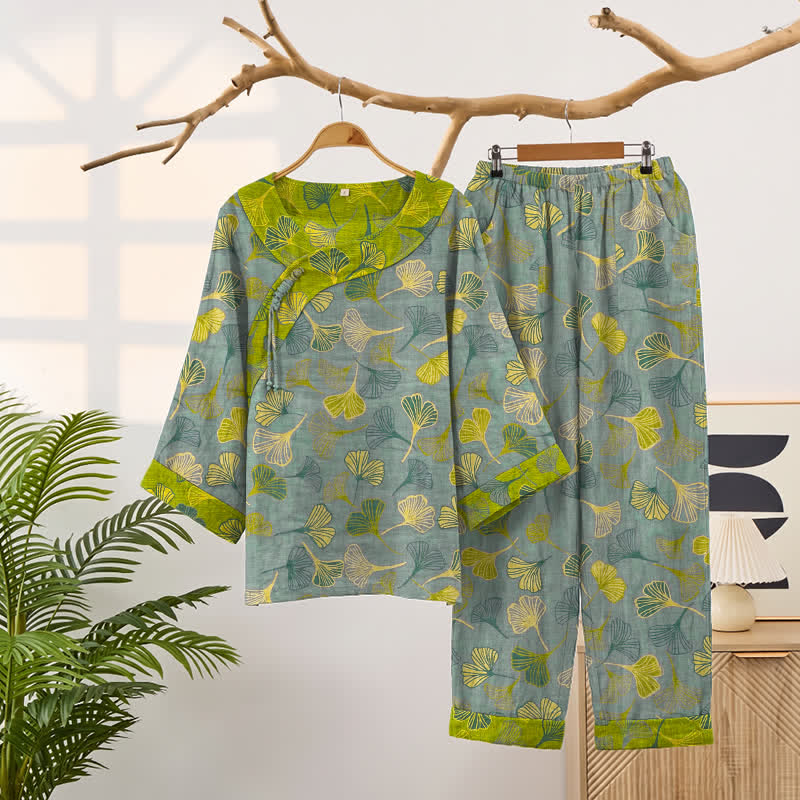 Orientalischer Ginkgoblatt-Baumwollpyjama-Set - Hellgrau - XXL - image 6