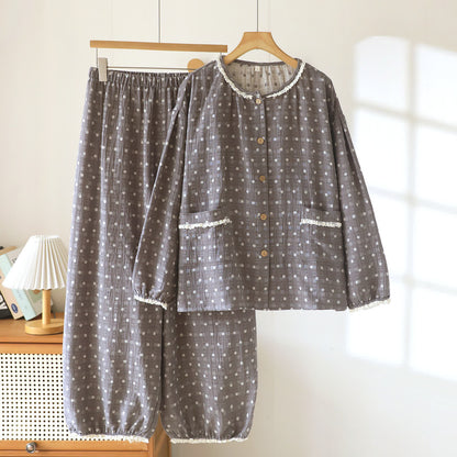 Lounge-Set aus Baumwollgaze und Spitze mit Zuckerpunkten - Grau - XXL - image 11