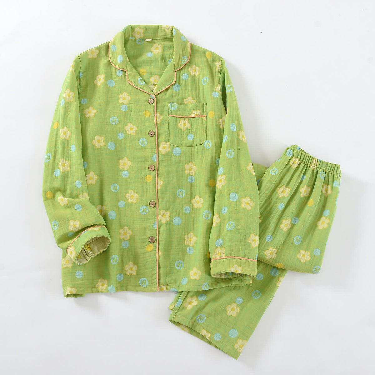 Loungewear-Set aus Baumwolle mit Blumenmuster und Paspelierung - Grün - XXL - image 12
