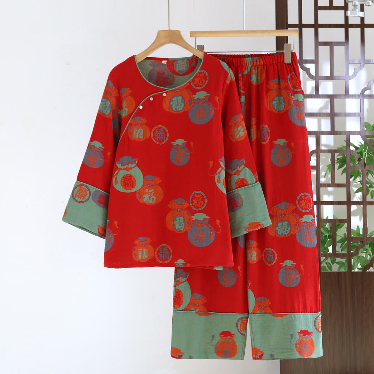 Festlicher roter Baumwoll-Pyjama-Set mit Glücksmotiv - Rot - 2XL - image 0