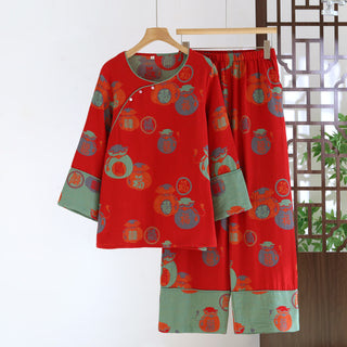 Festlicher roter Baumwoll-Pyjama-Set mit Glücksmotiv - Rot - 2XL - image 0