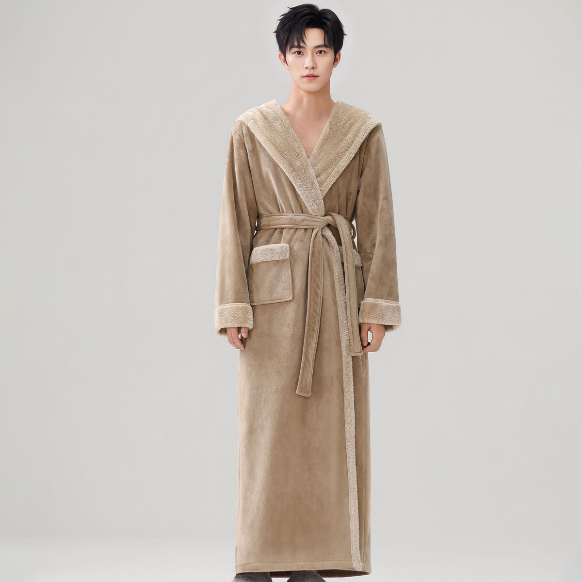 Kuscheliger langer Bademantel mit Kapuze und Sherpa-Fleece - Khaki - Herren XL - image 4