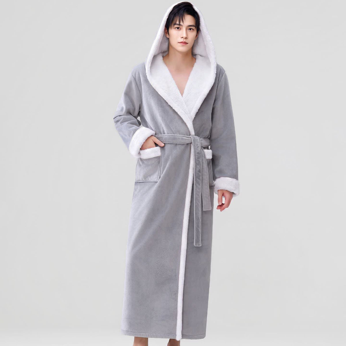 Kuscheliger langer Bademantel mit Kapuze und Sherpa-Fleece - Hellgrau - Herren XL - image 6