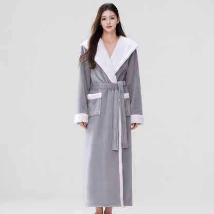 Kuscheliger langer Bademantel mit Kapuze und Sherpa-Fleece - Hellgrau - Damen XL - image 5