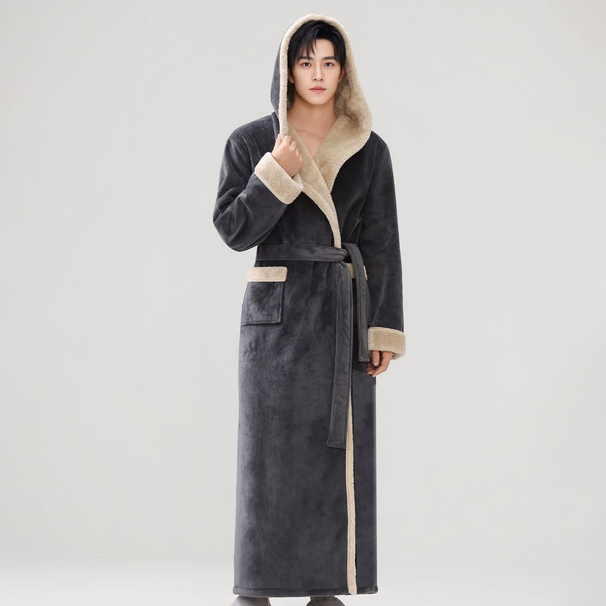 Kuscheliger langer Bademantel mit Kapuze und Sherpa-Fleece - Dunkelgrau - Herren XL - image 8