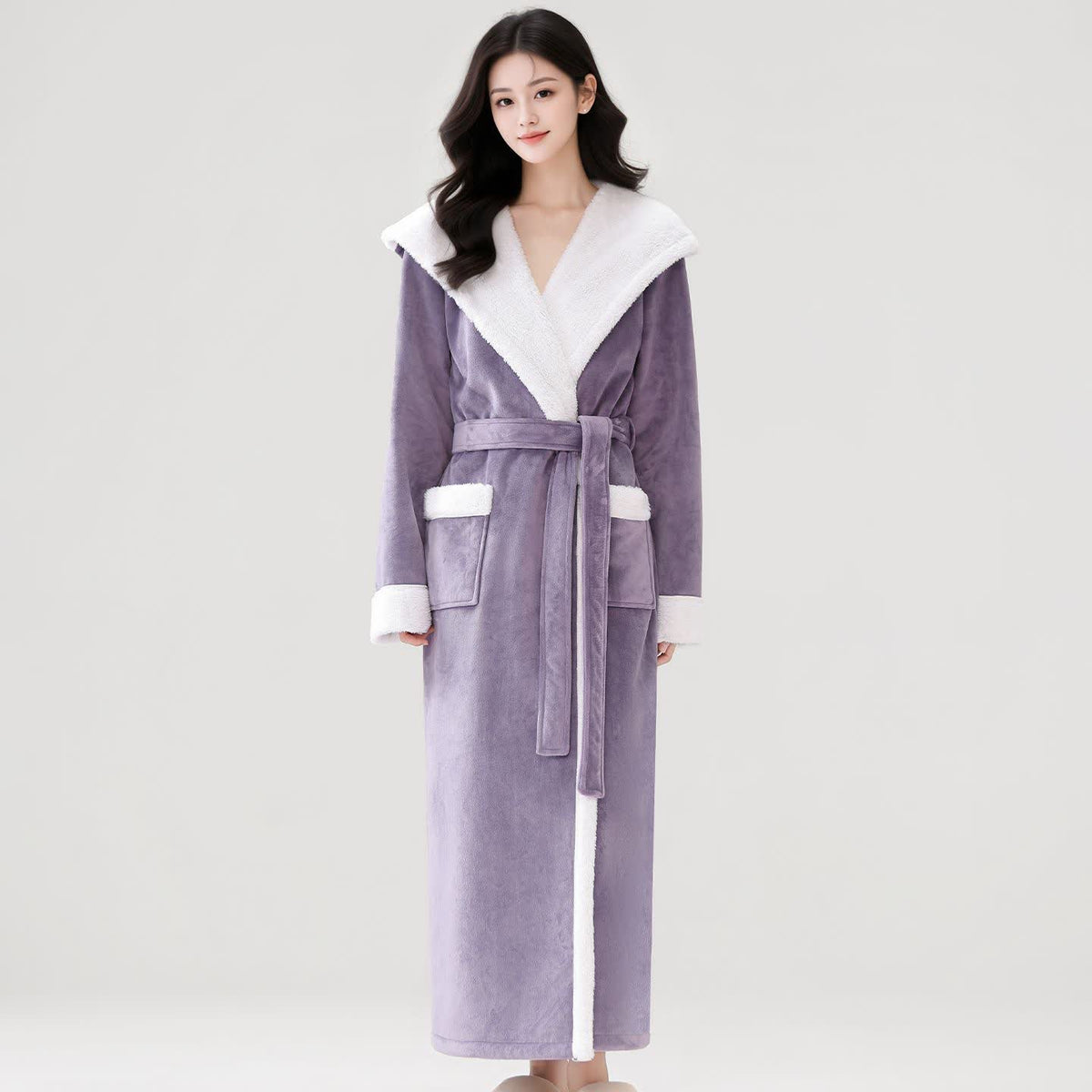 Kuscheliger langer Bademantel mit Kapuze und Sherpa-Fleece - Lila - Damen XL - image 9