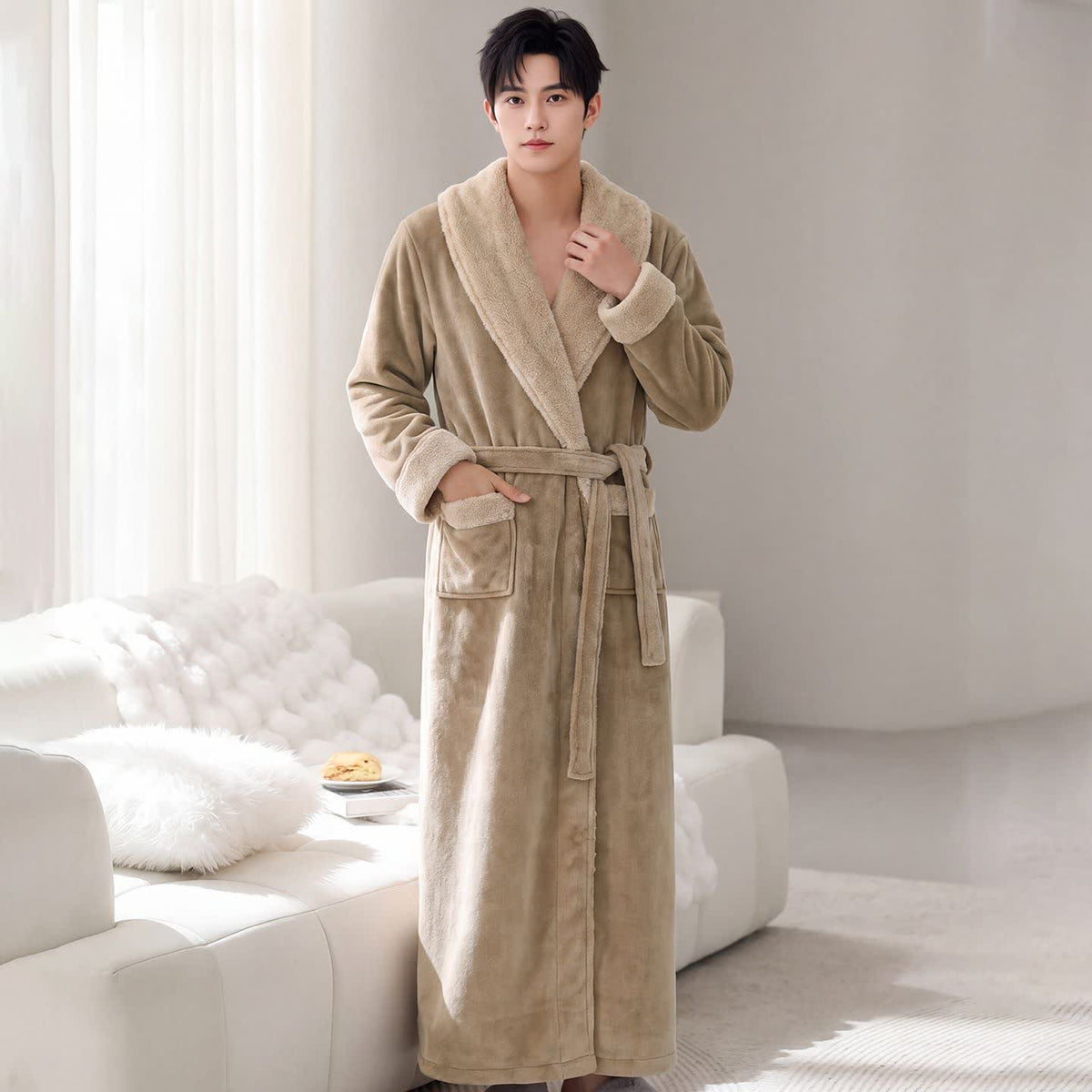 Gemütlicher Fleece-Bademantel mit Schalkragen - Khaki - Herren XL - image 4