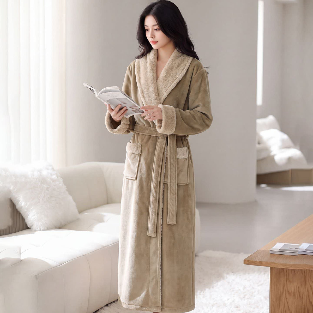 Gemütlicher Fleece-Bademantel mit Schalkragen - Khaki - Damen XL - image 3