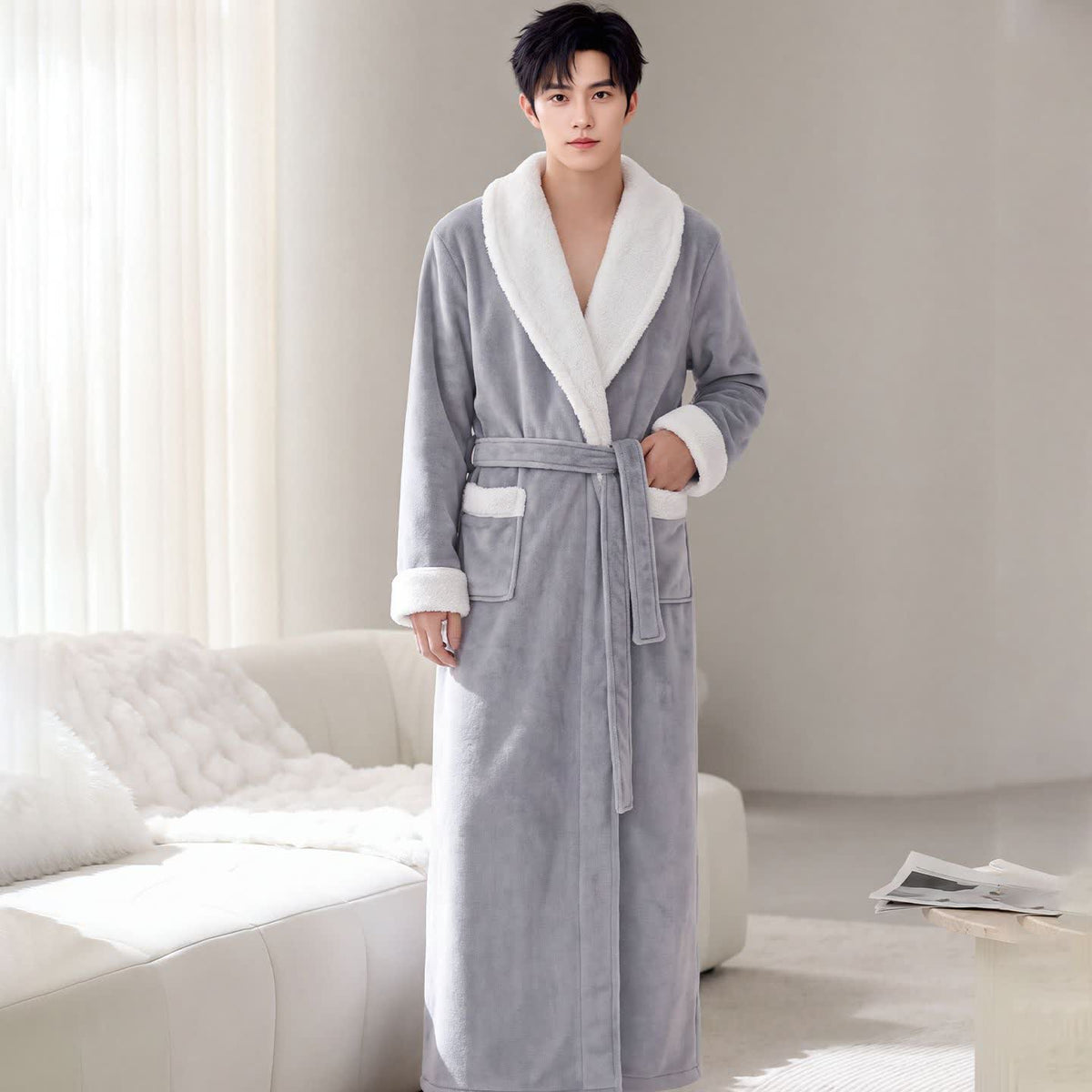 Gemütlicher Fleece-Bademantel mit Schalkragen - Hellgrau - Herren XL - image 6