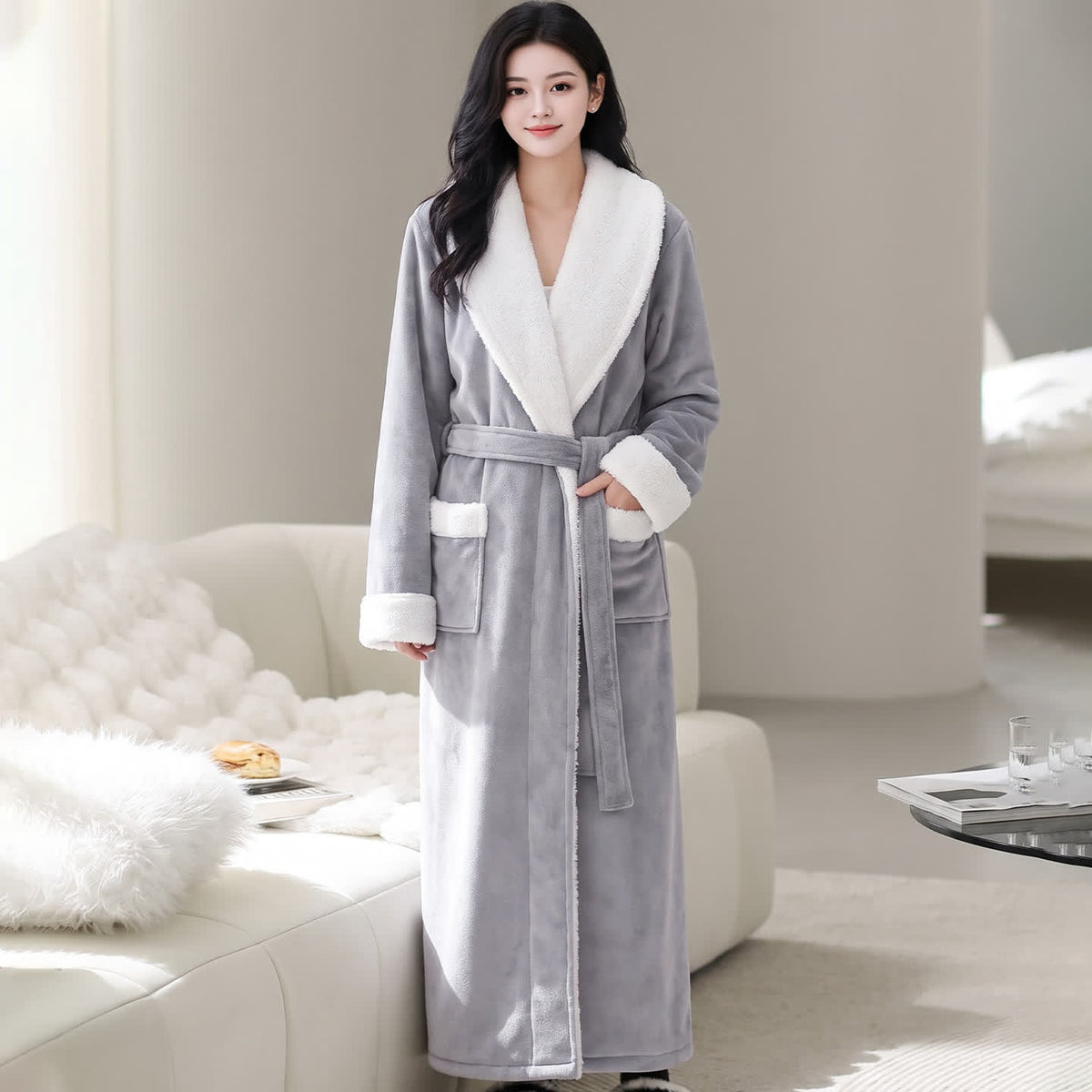 Gemütlicher Fleece-Bademantel mit Schalkragen - Hellgrau - Damen XL - image 5