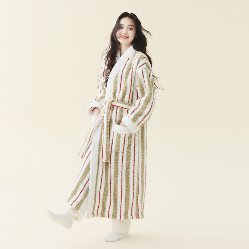 Langer, gestreifter Kimono-Bademantel aus Fleece - Cremefarben - Damen XL - image 1
