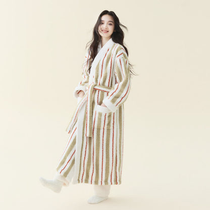 Langer, gestreifter Kimono-Bademantel aus Fleece - Cremefarben - Damen XL - image 1
