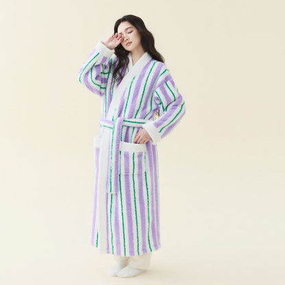 Langer, gestreifter Kimono-Bademantel aus Fleece - Lila - Damen XL - image 11