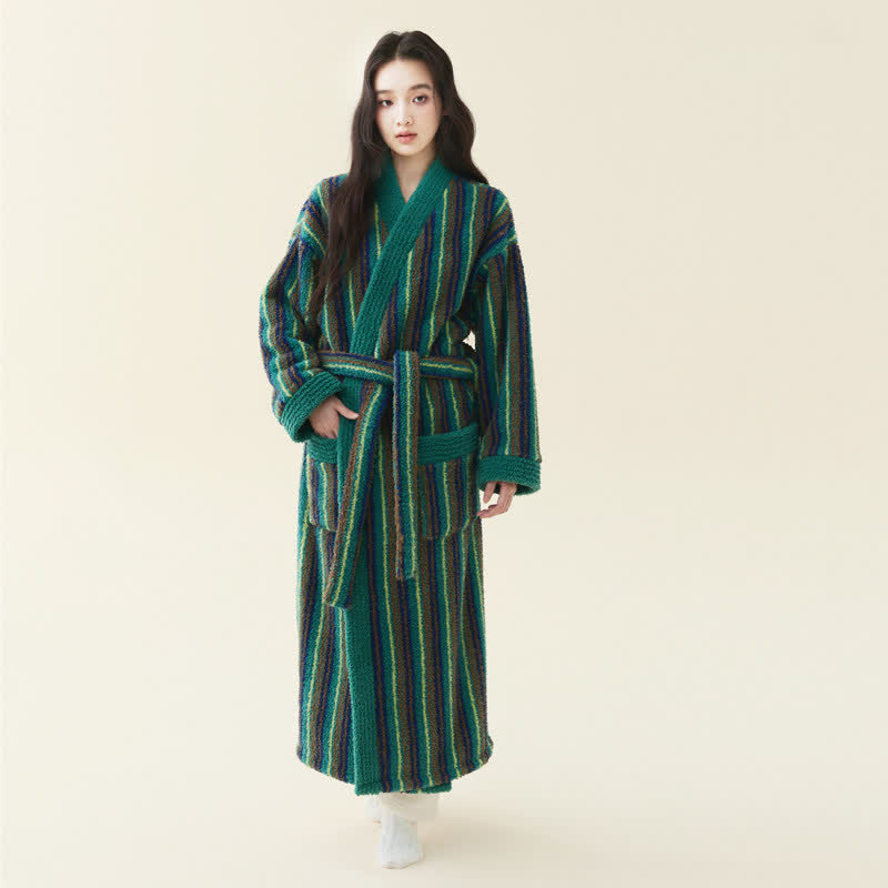 Langer, gestreifter Kimono-Bademantel aus Fleece - Dunkelgrün - Damen XL - image 4