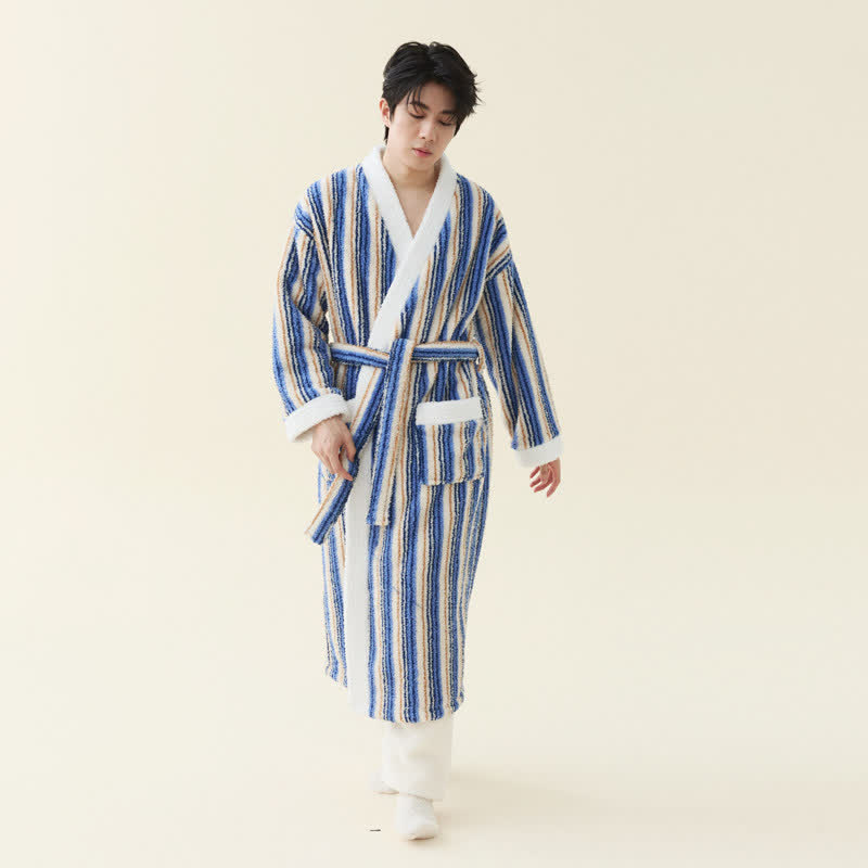 Langer, gestreifter Kimono-Bademantel aus Fleece - Marineblau - Herren 2XL - image 8