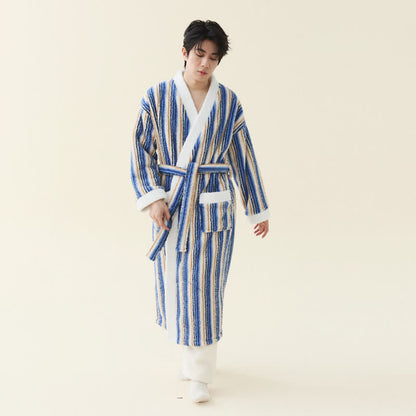 Langer, gestreifter Kimono-Bademantel aus Fleece - Marineblau - Herren 2XL - image 8
