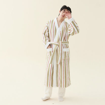 Langer, gestreifter Kimono-Bademantel aus Fleece - Cremefarben - Herren 2XL - image 2