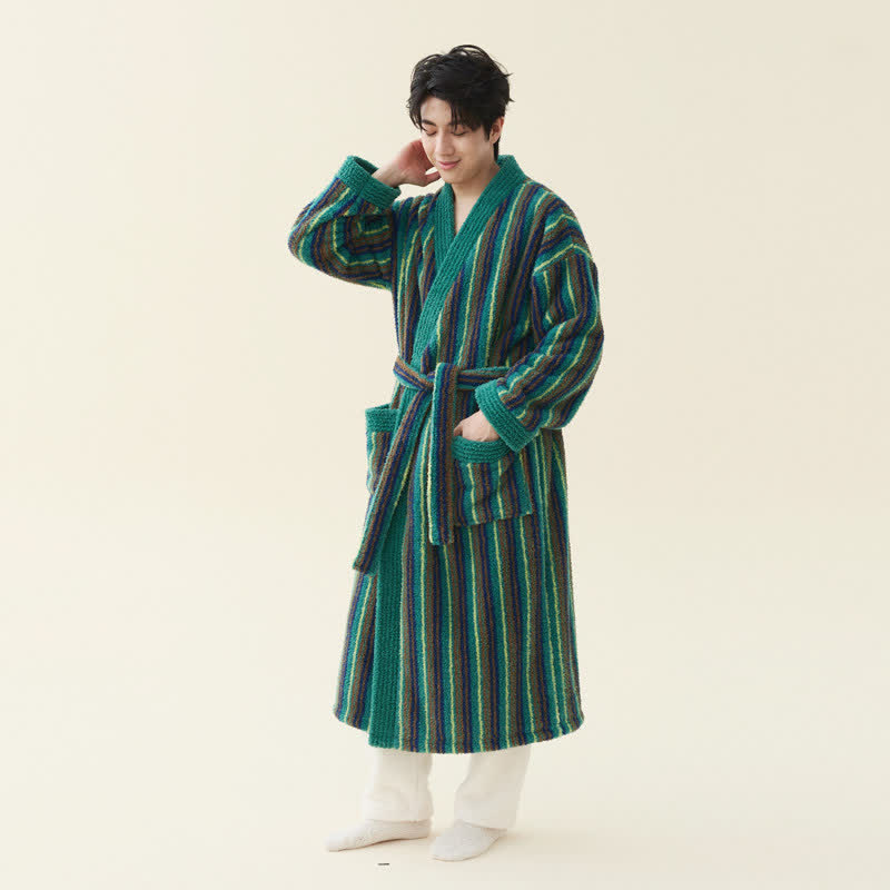 Langer, gestreifter Kimono-Bademantel aus Fleece - Dunkelgrün - Herren 2XL - image 5