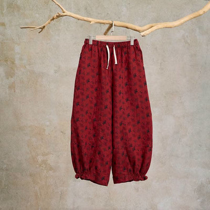 Vintage Haremshose aus Baumwolle mit Ginkgoblatt-Motiv - Rot - XXL - image 0