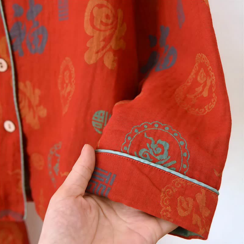 Chinesischer roter Baumwoll-Pyjama-Set mit Fu-Motiv - image 5