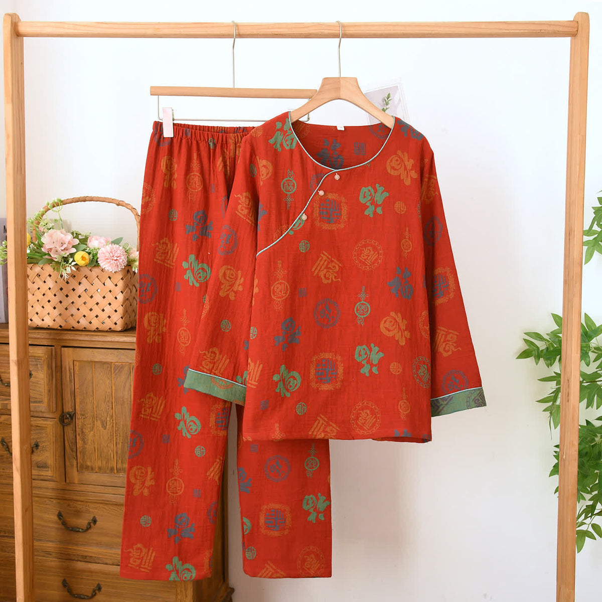Chinesischer roter Baumwoll-Pyjama-Set mit Fu-Motiv - Rot - Rundhalsausschnitt - XL - image 2