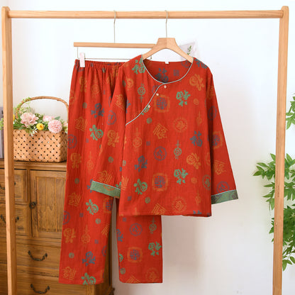 Chinesischer roter Baumwoll-Pyjama-Set mit Fu-Motiv - Rot - Rundhalsausschnitt - XL - image 2