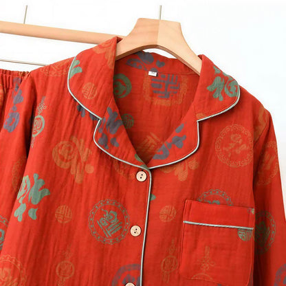Chinesischer roter Baumwoll-Pyjama-Set mit Fu-Motiv - image 4